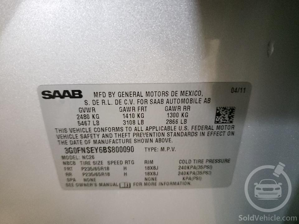 3G0FNSEY6BS800090 Saab 9 4 Premium 2011 Silver 3.0L 6