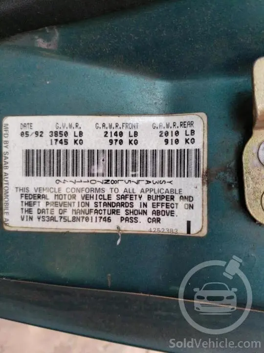 YS3AL75L8N7011746 Saab 900 1992 Green 2.0L 4