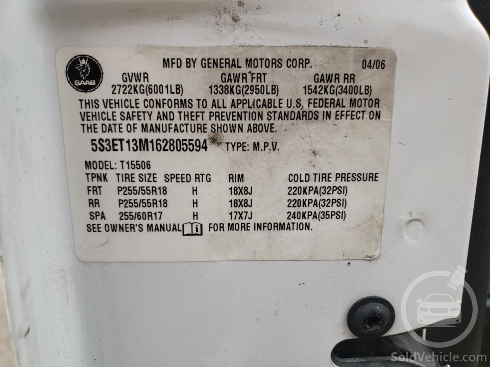 5S3ET13M162805594 Saab 9 7 Arc 2006 White 5.3L 8