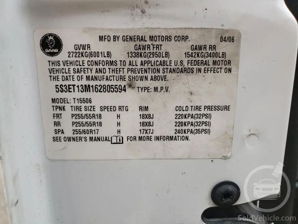 5S3ET13M162805594 Saab 9 7 Arc 2006 White 5.3L 8