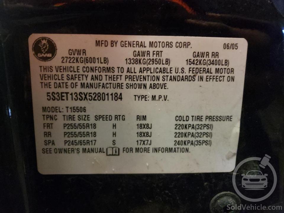 5S3ET13SX52801184 Saab 9 7 Linear 2005 Black 4.2L 6